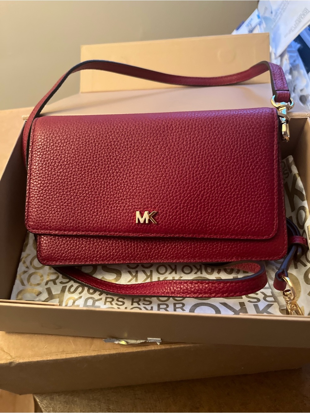 Brand New in Box Michael Kors Red Pebbled Leather Crossbody with Gold MK Logo